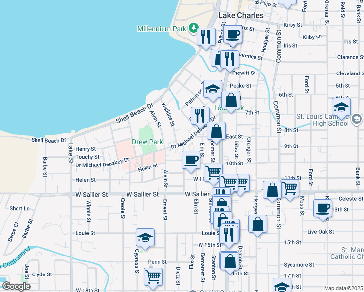 map of restaurants, bars, coffee shops, grocery stores, and more near 1705 Ethel Street in Lake Charles