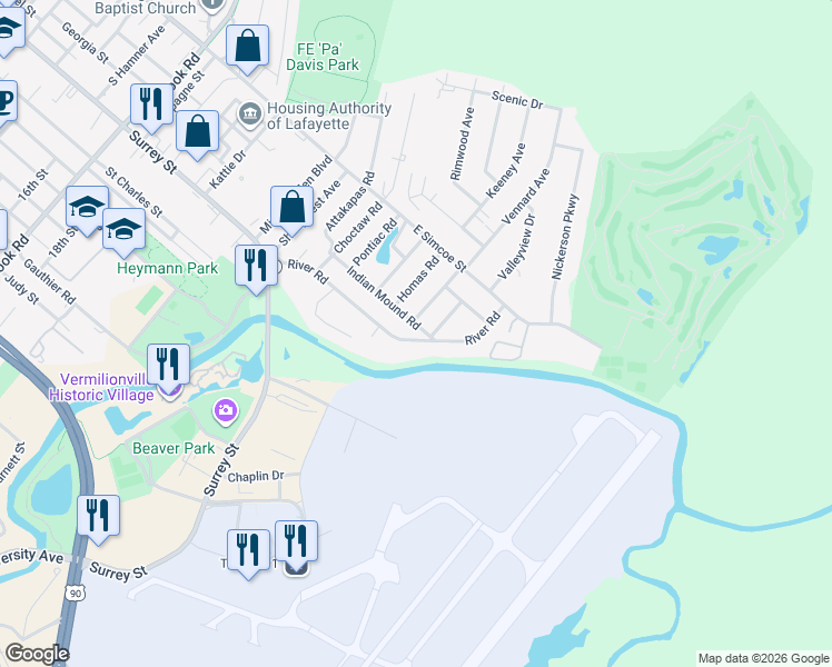 map of restaurants, bars, coffee shops, grocery stores, and more near 136 River Rd in Lafayette