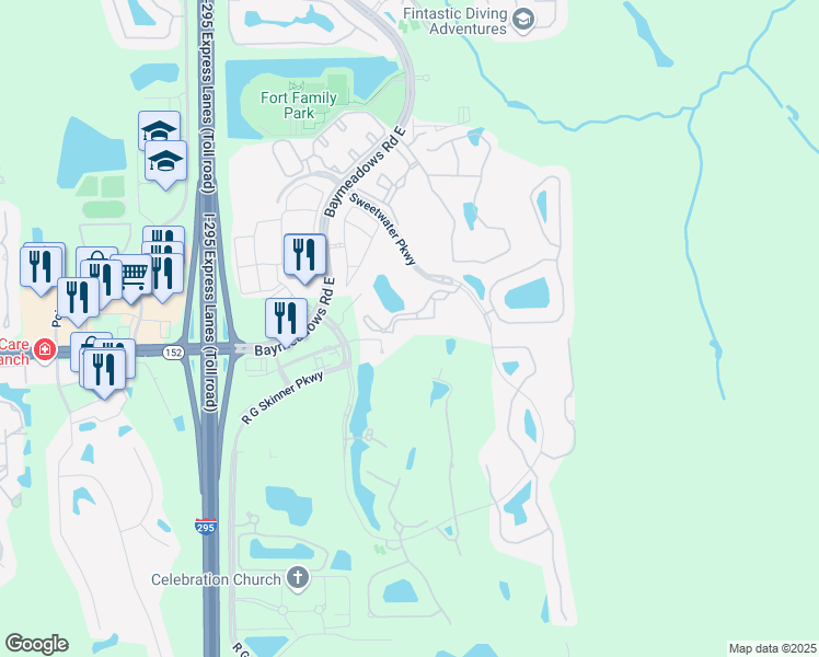 map of restaurants, bars, coffee shops, grocery stores, and more near 9831 Del Webb Parkway in Jacksonville