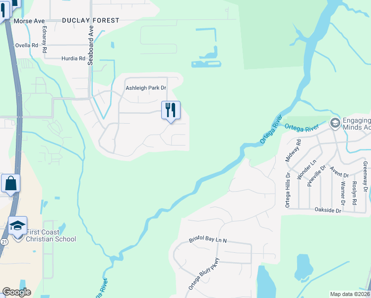 map of restaurants, bars, coffee shops, grocery stores, and more near 5410 Turkey Creek Road in Jacksonville