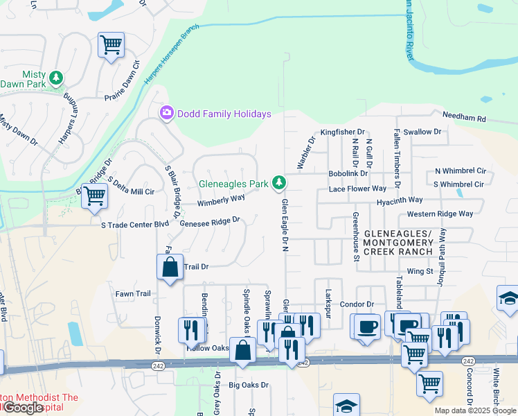 map of restaurants, bars, coffee shops, grocery stores, and more near 22 Rolling Ridge Court in Conroe