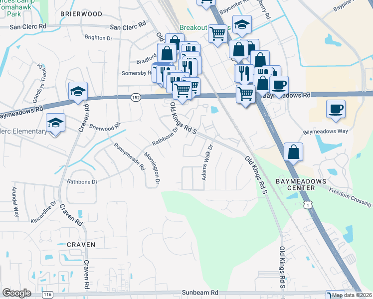 map of restaurants, bars, coffee shops, grocery stores, and more near 8880 Old Kings Road South in Jacksonville