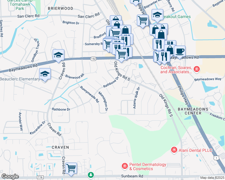 map of restaurants, bars, coffee shops, grocery stores, and more near 9076 Moorgate Court in Jacksonville