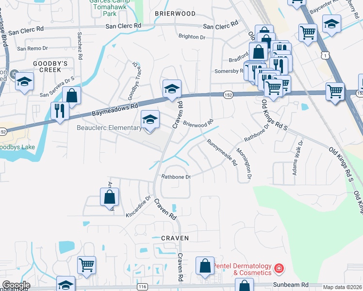 map of restaurants, bars, coffee shops, grocery stores, and more near 9002 Southwark Drive North in Jacksonville