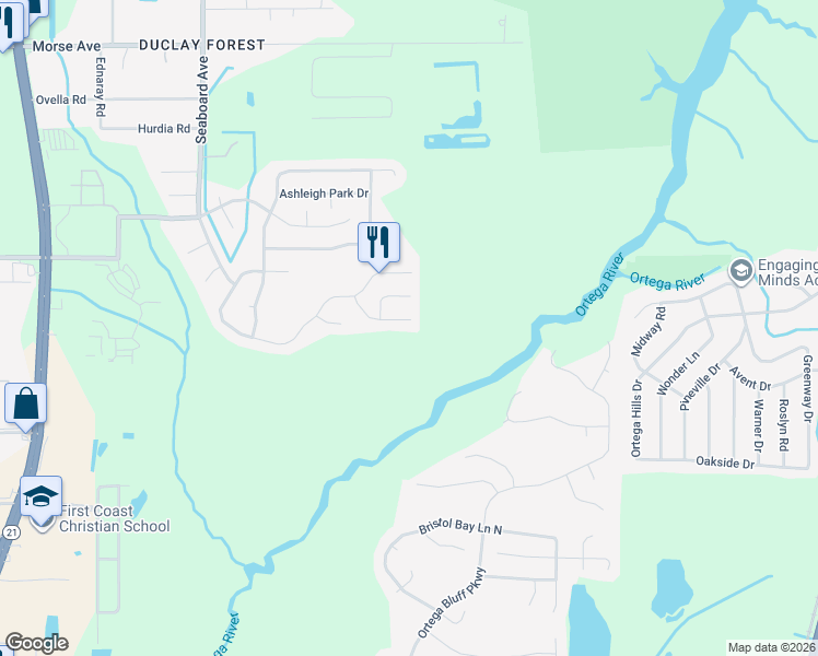 map of restaurants, bars, coffee shops, grocery stores, and more near 5410 Turkey Creek Road in Jacksonville