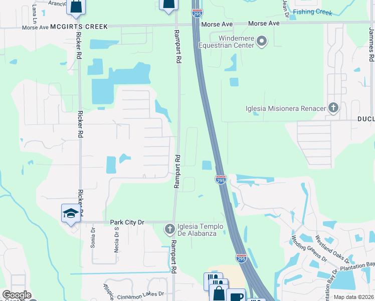 map of restaurants, bars, coffee shops, grocery stores, and more near Rampart Rd in Jacksonville