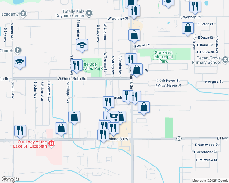 map of restaurants, bars, coffee shops, grocery stores, and more near 304 West Bordelon Street in Gonzales