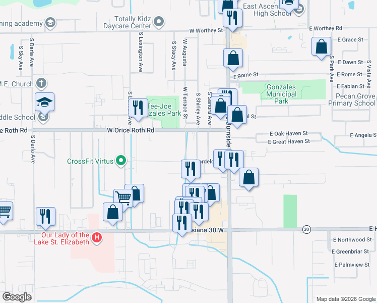 map of restaurants, bars, coffee shops, grocery stores, and more near 420 West Bordelon Street in Gonzales