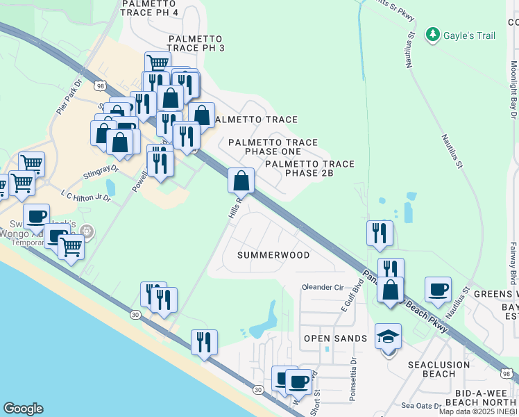 map of restaurants, bars, coffee shops, grocery stores, and more near 107 Summerwood Drive in Panama City Beach
