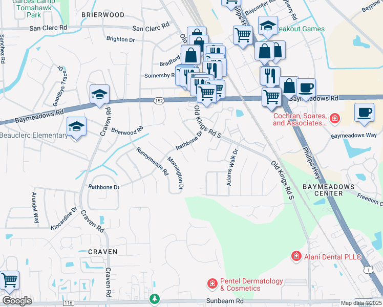 map of restaurants, bars, coffee shops, grocery stores, and more near 9076 Moorgate Court in Jacksonville
