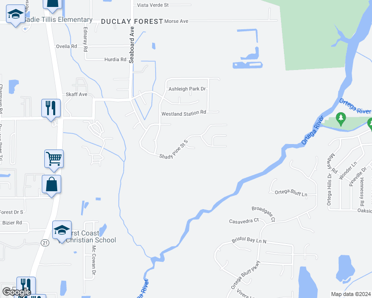 map of restaurants, bars, coffee shops, grocery stores, and more near 5528 Cougar Park Court in Jacksonville