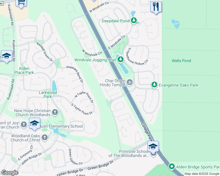 map of restaurants, bars, coffee shops, grocery stores, and more near 83 North Veranda Ridge Drive in Spring