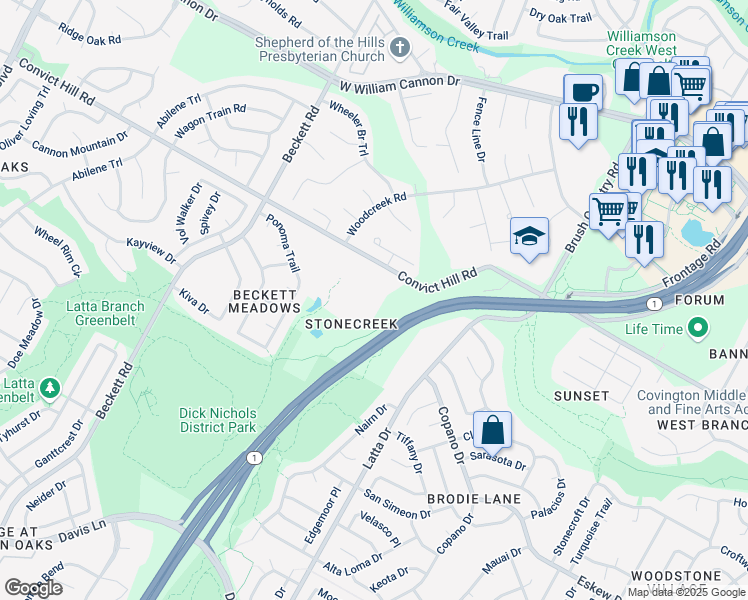 map of restaurants, bars, coffee shops, grocery stores, and more near 5001 Convict Hill Road in Austin