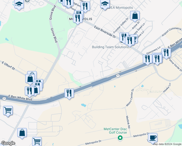 map of restaurants, bars, coffee shops, grocery stores, and more near 7016 East Ben White Boulevard in Austin