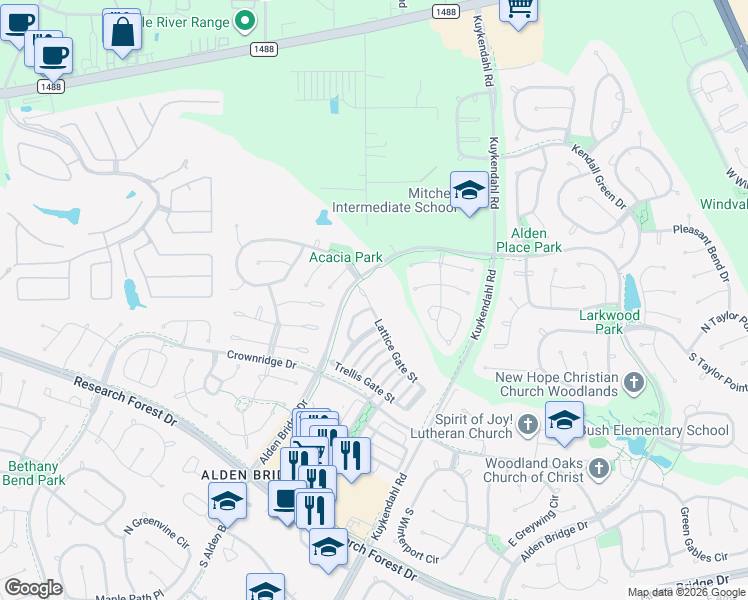 map of restaurants, bars, coffee shops, grocery stores, and more near 214 Lattice Gate Street in Spring