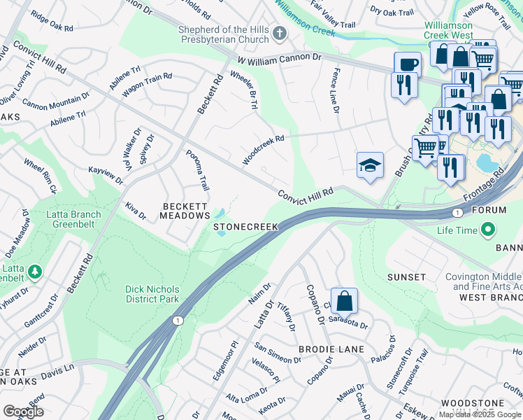 map of restaurants, bars, coffee shops, grocery stores, and more near 5001 Convict Hill Road in Austin