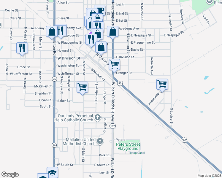 map of restaurants, bars, coffee shops, grocery stores, and more near South Cutting Avenue in Jennings