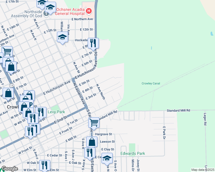 map of restaurants, bars, coffee shops, grocery stores, and more near 1025 East 4th Street in Crowley
