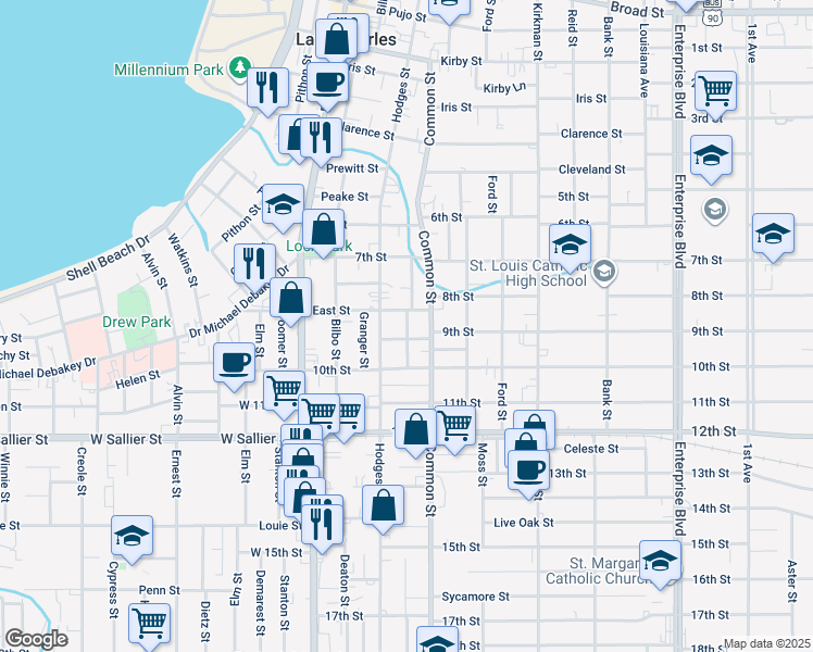 map of restaurants, bars, coffee shops, grocery stores, and more near 539 East Street in Lake Charles