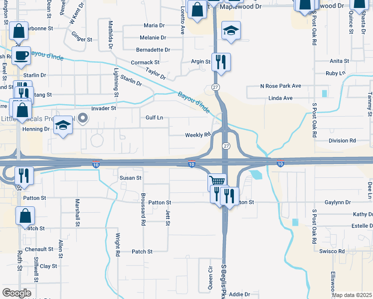 map of restaurants, bars, coffee shops, grocery stores, and more near 1512 Weekly Road in Sulphur