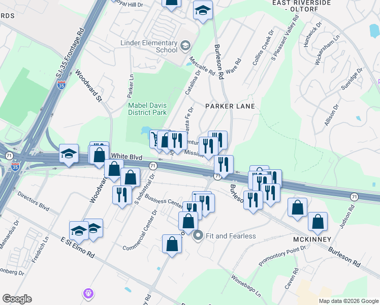 map of restaurants, bars, coffee shops, grocery stores, and more near 2305 Ventura Drive in Austin