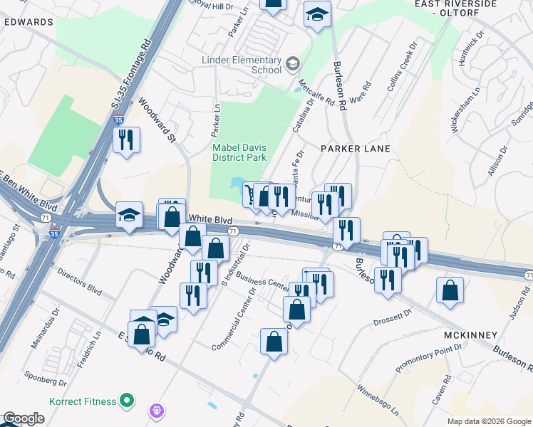 map of restaurants, bars, coffee shops, grocery stores, and more near 3601 Catalina Drive in Austin