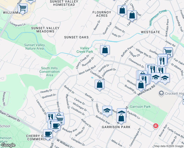 map of restaurants, bars, coffee shops, grocery stores, and more near 2616 Coatbridge Drive in Austin
