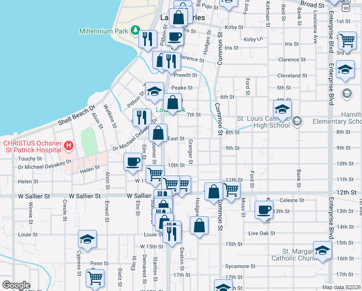map of restaurants, bars, coffee shops, grocery stores, and more near 405 East Street in Lake Charles