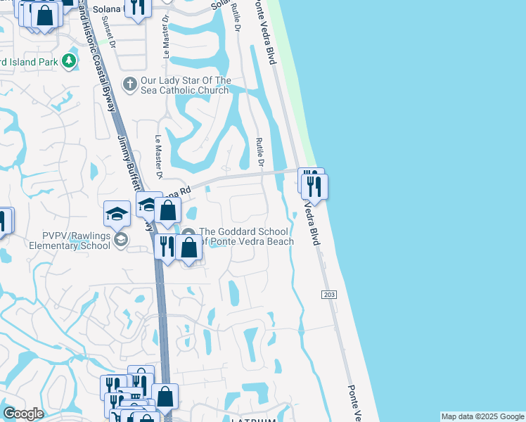 map of restaurants, bars, coffee shops, grocery stores, and more near 20 Sea Winds Lane North in Ponte Vedra Beach