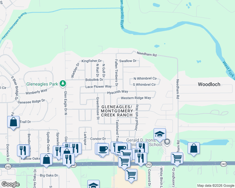 map of restaurants, bars, coffee shops, grocery stores, and more near 9928 Lace Flower Way in Conroe