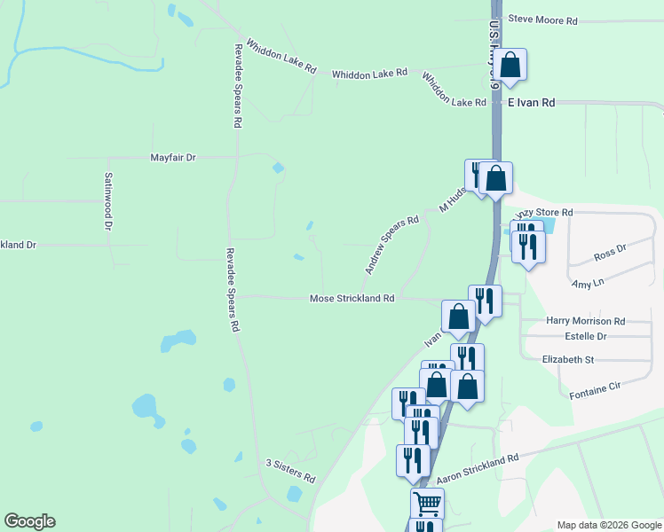 map of restaurants, bars, coffee shops, grocery stores, and more near 146 Mose Strickland Road in Crawfordville