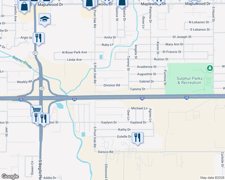 map of restaurants, bars, coffee shops, grocery stores, and more near 2211 Division Rd in Sulphur