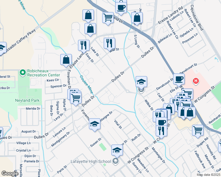 map of restaurants, bars, coffee shops, grocery stores, and more near 411 Dulles Drive in Lafayette