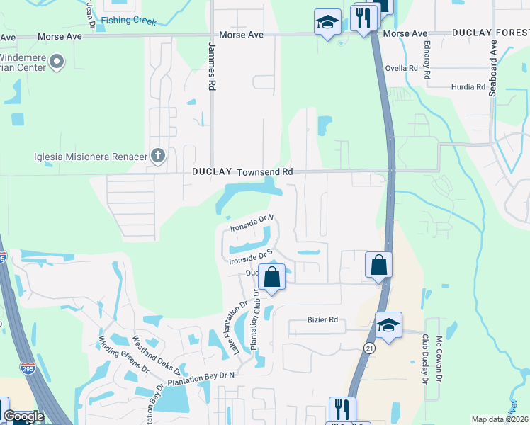 map of restaurants, bars, coffee shops, grocery stores, and more near 7299 Ironside Drive West in Jacksonville