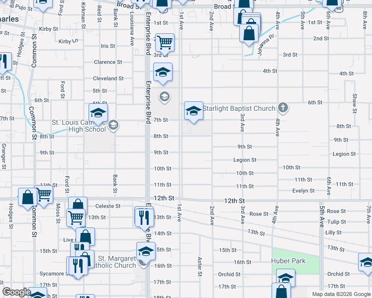 map of restaurants, bars, coffee shops, grocery stores, and more near 1400 8th St in Lake Charles