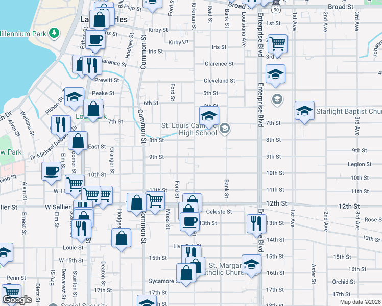 map of restaurants, bars, coffee shops, grocery stores, and more near 1724 Kirkman Street in Lake Charles