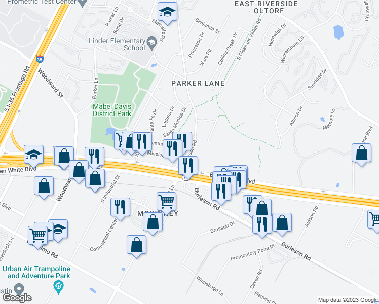 map of restaurants, bars, coffee shops, grocery stores, and more near 3410 Burleson Road in Austin