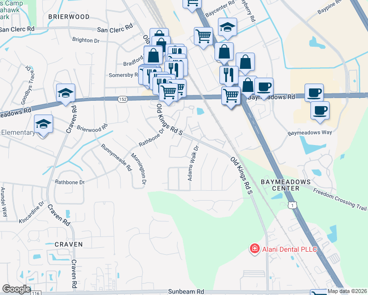 map of restaurants, bars, coffee shops, grocery stores, and more near 65-68 8880-3 Old Kings Ap in Jacksonville