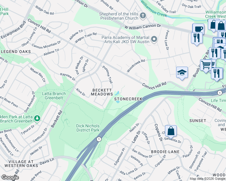 map of restaurants, bars, coffee shops, grocery stores, and more near 5204 Snowmass Cove in Austin