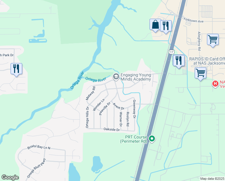 map of restaurants, bars, coffee shops, grocery stores, and more near 5005 Greenway Drive North in Jacksonville
