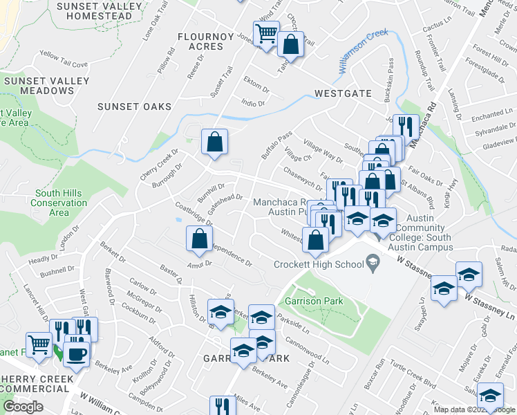 map of restaurants, bars, coffee shops, grocery stores, and more near 2403 Gateshead Circle in Austin