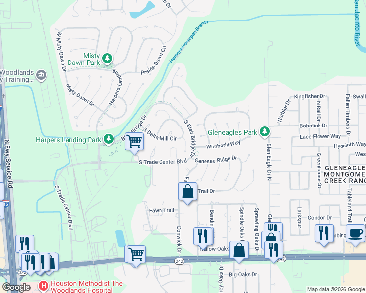 map of restaurants, bars, coffee shops, grocery stores, and more near 23 Florian Court in Conroe