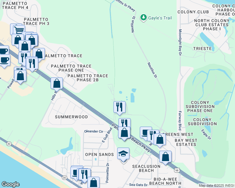 map of restaurants, bars, coffee shops, grocery stores, and more near 206 North Gulf Boulevard in Panama City Beach