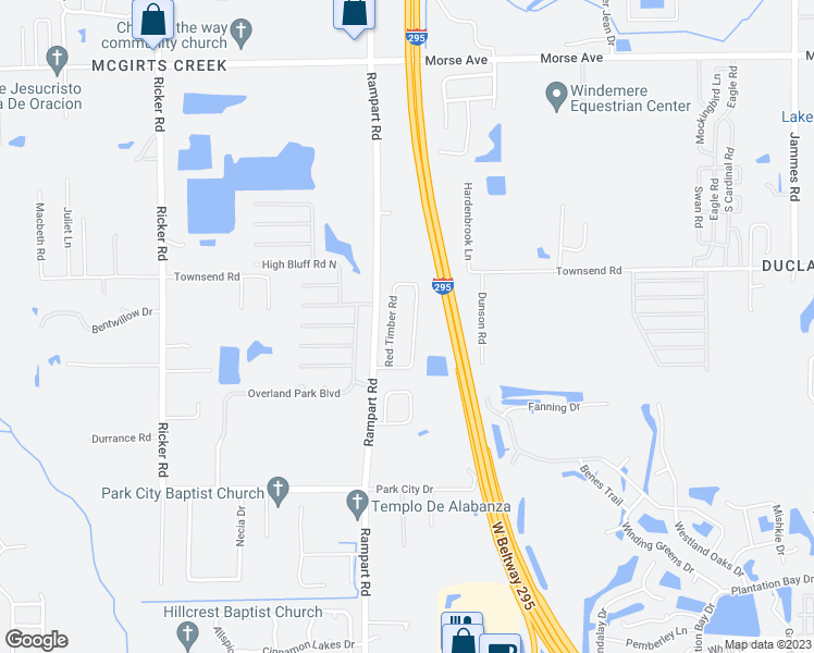 map of restaurants, bars, coffee shops, grocery stores, and more near Rampart Road in Jacksonville