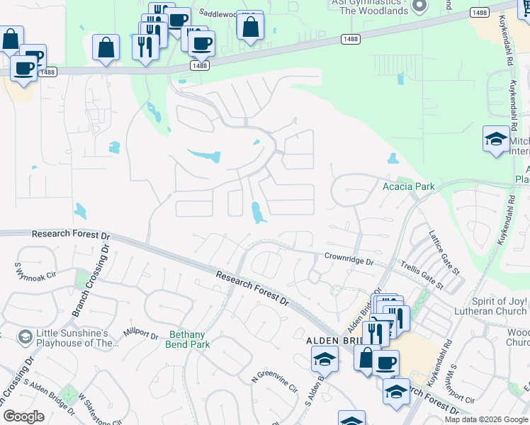 map of restaurants, bars, coffee shops, grocery stores, and more near 168 Wild Wick Way in The Woodlands