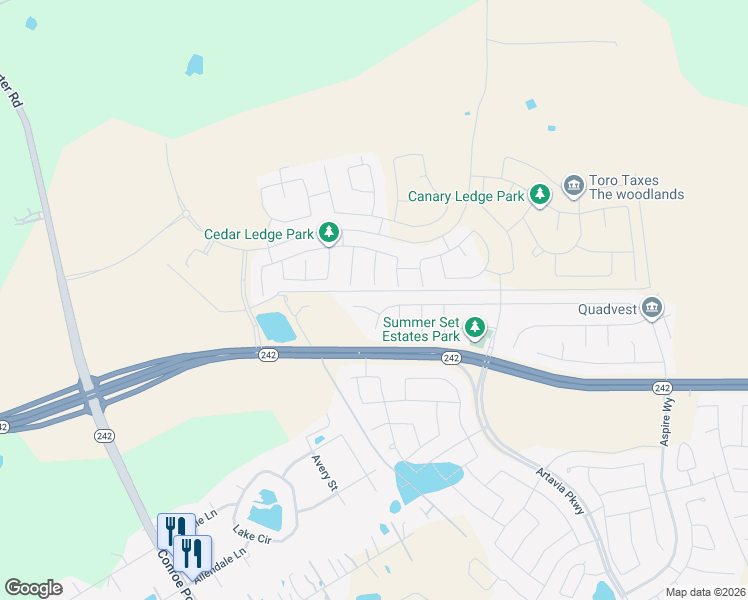 map of restaurants, bars, coffee shops, grocery stores, and more near 16195 Summer Breeze Court in Conroe