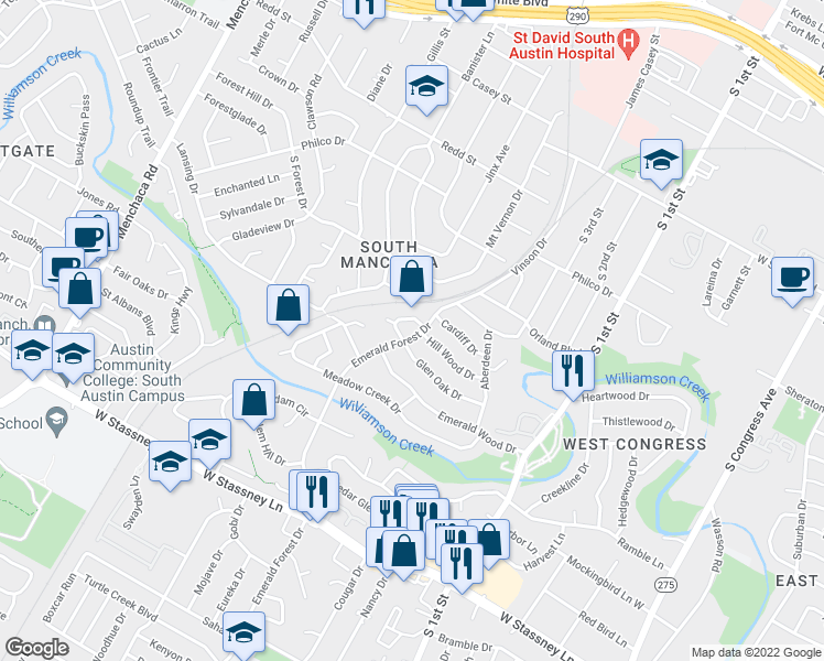 map of restaurants, bars, coffee shops, grocery stores, and more near 5002 Emerald Forest Drive in Austin