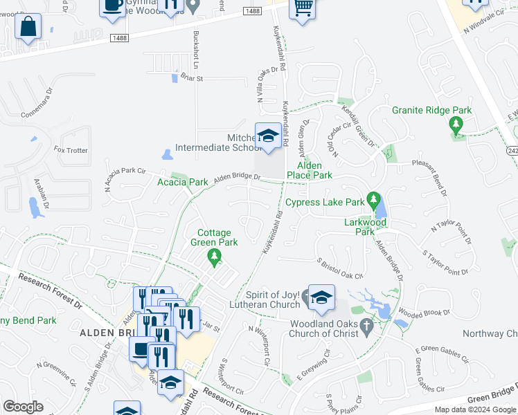 map of restaurants, bars, coffee shops, grocery stores, and more near 23 East New Avery Place in Spring