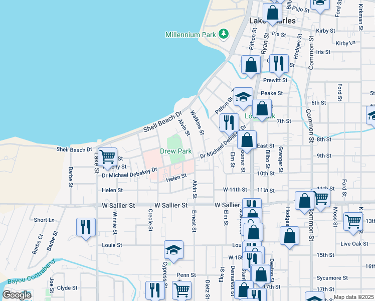 map of restaurants, bars, coffee shops, grocery stores, and more near 1602 Alvin St in Lake Charles