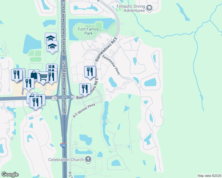 map of restaurants, bars, coffee shops, grocery stores, and more near 9831 Del Webb Parkway in Jacksonville
